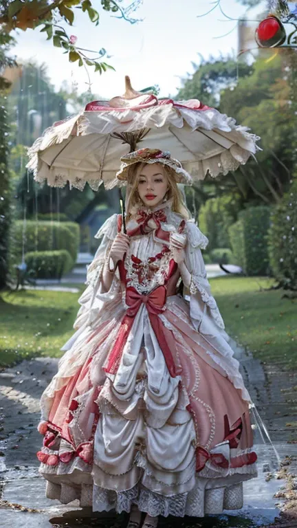 full body photo of lara long blonde hair , lips painted red wearing long dress, he's in a park in the victorian era holding an u...