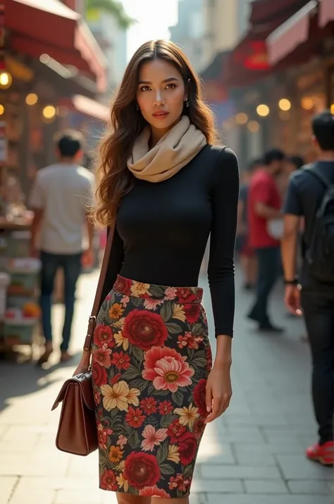  Indo woman 30 years old , scarf beige ,  tight long sleeve black t-shirt shirt, rok ketat motif bunga-bunga,  red high heels shoes , Sling bag cokelat,  crowded store sidewalk 