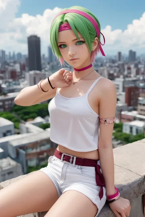 Sakura Haruno, Sakura Uchiha, Haruno Sakura, short hair, (green eyes:1.3), pink hair, facial mark, mark on the head, hair band,
to break jewelry, sleeveless, Short, bracelet, sandals, toeless shoes, white short, rubi-white bra ,
to break outdoors, city, , ...