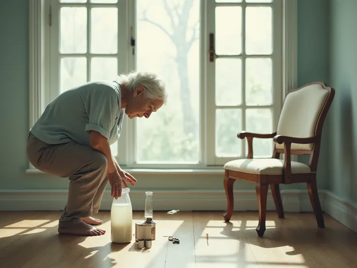 
 An image that represents the etiology of osteoporosis , showing an older woman hunched over ,  in an environment where you can see visual symbols that represent risk factors :  an empty milk bottle for calcium deficiency ,  old watches that symbolize agi...