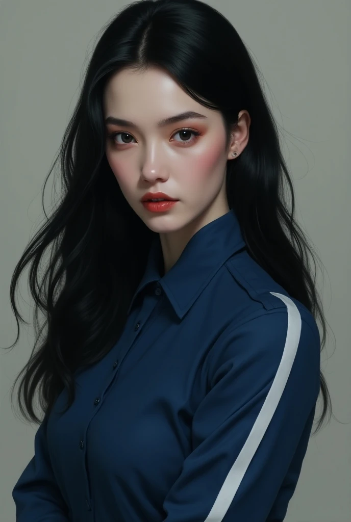 Make a realistic portrait of a pale woman with long black hair wearing a blue uniform with a white stripe on her long sleeve.