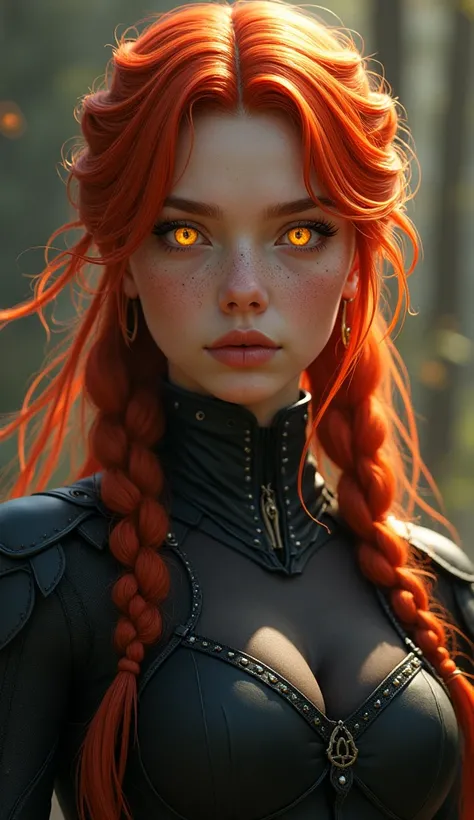 She has vibrant red hair, usually braided into two braids that fall to her shoulders. His eyes are a deep amber tone, almost golden, with an intense shine that seems to carry a hidden magic. Her skin is fair, with soft freckles spread across her face, givi...