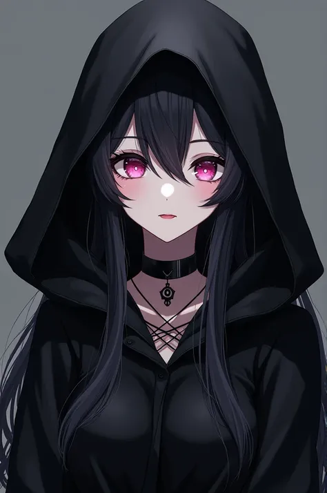  creates an image of a female anime character,  the character has pale skin ,  the long black hair with a black hood , The characters clothing is a black latex blouse,  has black gloves  ,And a black choker with a tender face