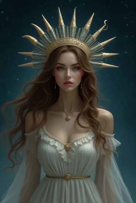 Woman with brown wavy hair with a crown on her head that shows every moonphase on each spike