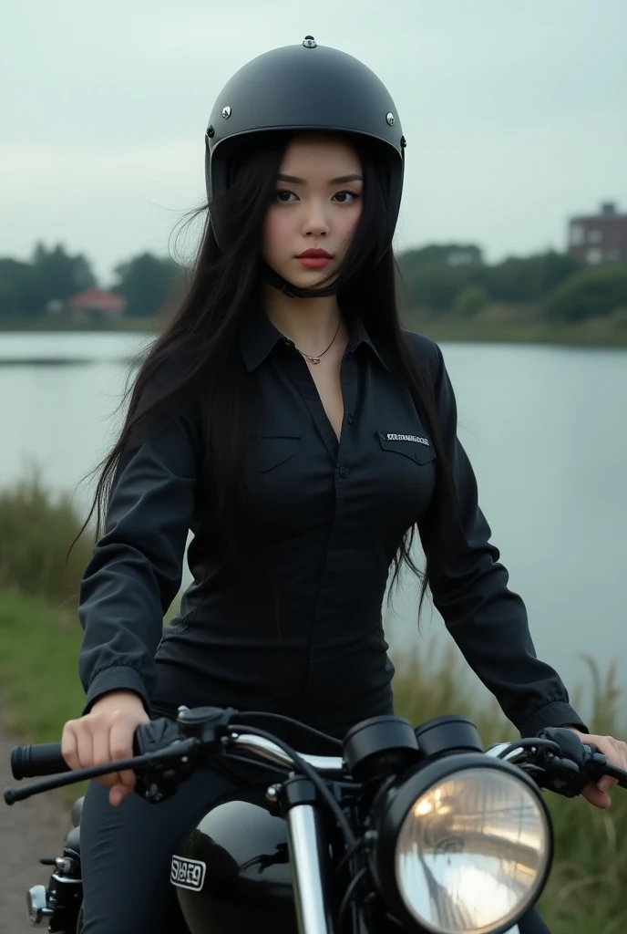 Documentary photo, realistic, dramatic scene, light-skinned woman with black hair, very beautiful high school girl, famous beautiful idol, cute woman, (motorcycle mechanic:1.2), (wearing a tight mechanic jumpsuit:1.2), (large breasts), slim waist, (extra l...