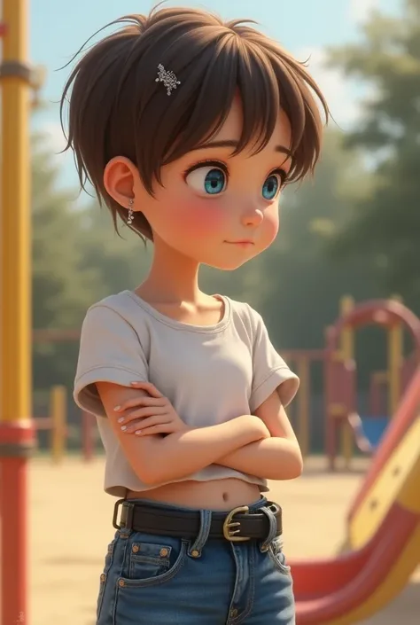 White girl , 10y, 1:3, standing, side view, short white top, blue very high waisted jeans, black belt, short pixie hair, brown hair, small earrings, hair pin, blue eyes, shy, playground, ren in background