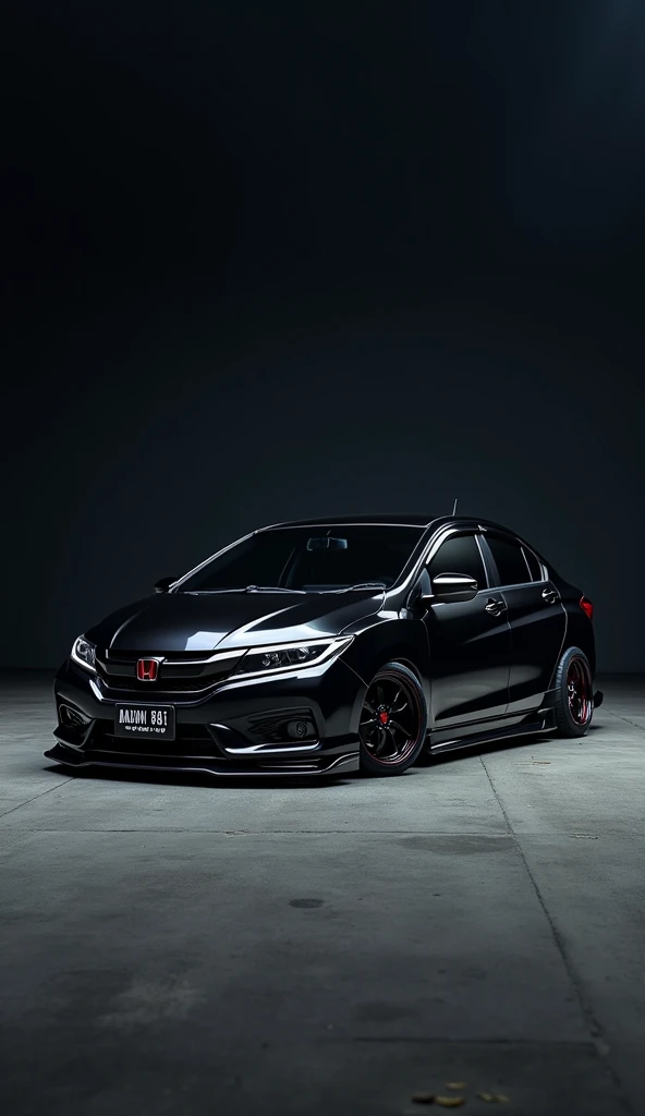 Lowered , Honda City, Candy black color, with big black rims, black glasses, plate number writen " MADANI 8481" , very dark background, Super Detailed, HD, High Resolution, dim light