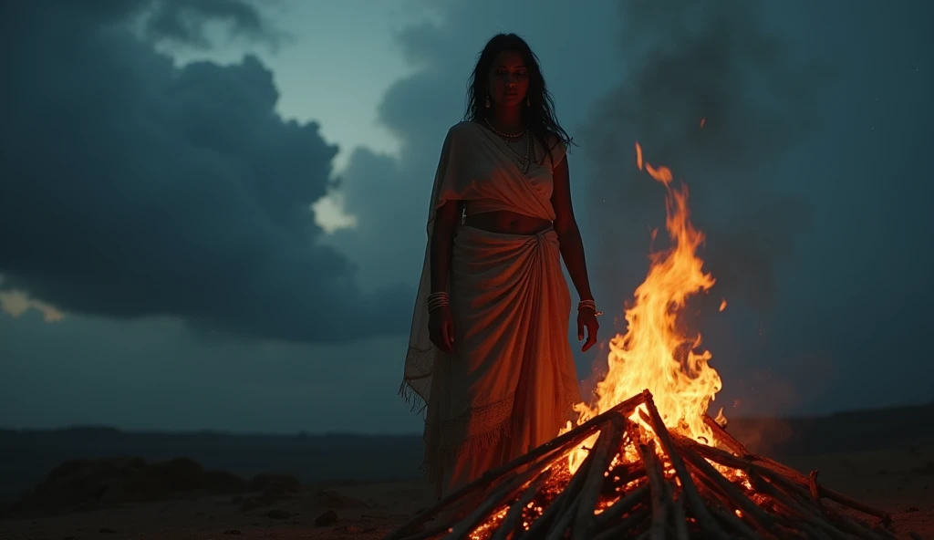 For a thumbnail without any text, you can create a powerful visual that instantly grabs attention. Here’s a detailed prompt:

"An intense, emotional scene of a young widow dressed in traditional Indian attire, standing in front of a burning funeral pyre at...