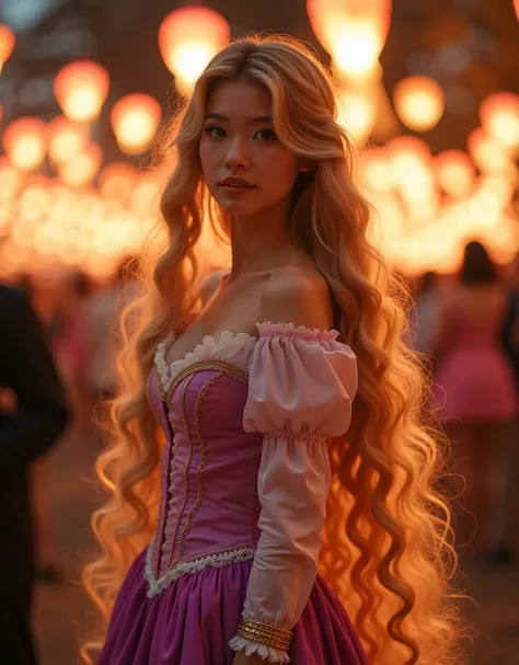 Dynamic Angle, Japanese Girl,  Blurred Background ,  Disney fantasy world, Bokeh,  chromatic aberration , Bokeh, photograph_curly, Cosplay "Rapunzel(塔の上のRapunzel)", Genuine, Alone, Model-like, Incomplete details, The background is the Lantern Festival 、Sho...