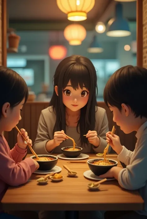  mother and two ren surrounding a table at a cheap ramen shop、 ren are still small 、 a bowl of ramen is placed on the table 、 three people eat a bowl of ramen separately 、Wabby scene 、 high-definition real photos、8k Quality