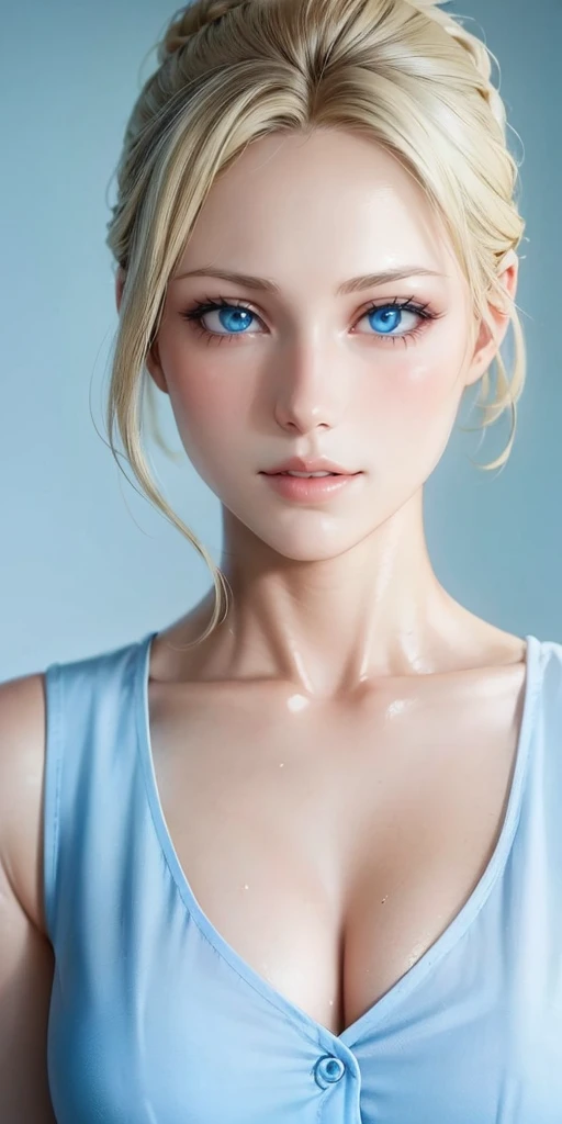 Elegant mature female, blue eyes, blonde hair, elegant hairstyle, swept bangs, soft light, high detailed, 4k resolution, high quality, beautiful cg, 