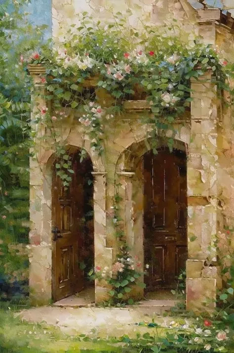 broken down wooden double door gate with stone pillars on the side covered in vines with blooming roses on the gate, masterpiece, best quality, very detailed, oil painting, logo