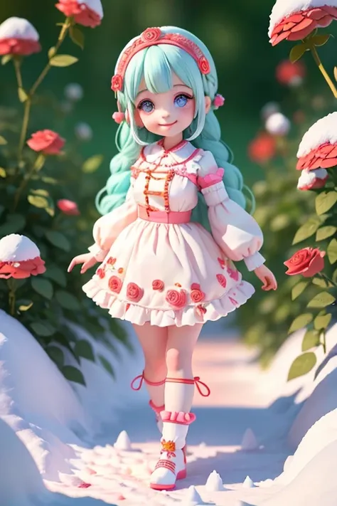 A very cute girl, full body, with beautiful and attached hair accessories, colorful, sensitive eyes, smiling, thick and detailed clothing, garden of red roses covered with snow, bright 3D rendering, OC rendering, 8K, soft focus, thin glossy super detailed ...