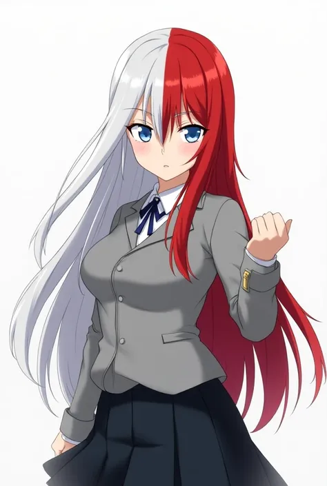 Screenshot of a character from my hero Academia pretty girl with white hair and half red hair and light blue eyes uniform and long hair and wearing a gray shirt with black and skirt  
