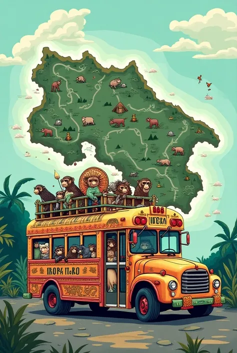 Map of Costa Rica with Arenal volcano and bus with Costa Rican animals 