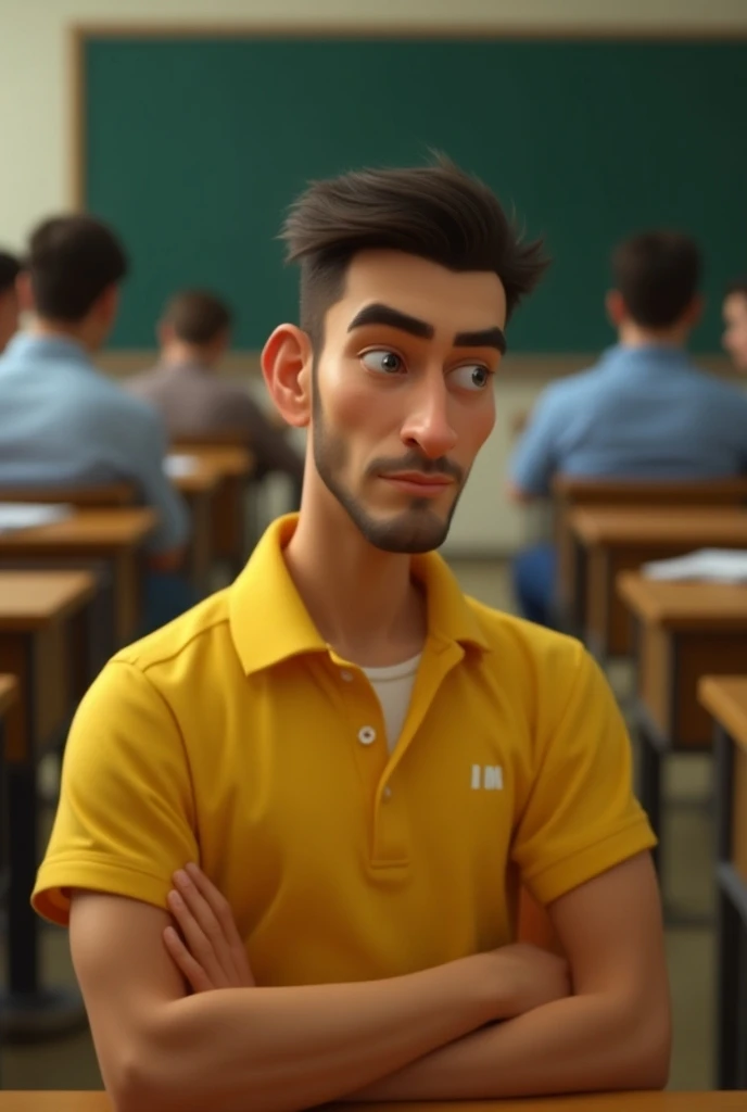  Man with elongated face , distant look , broad forehead, Without Beard ,  with yellow polo ,  in front position ,  with classroom background, In avatar, with backward hairstyle 