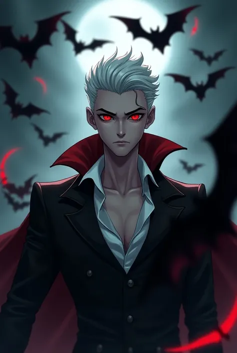 Male vampire with white hair and red eyes with bats around it in animation 