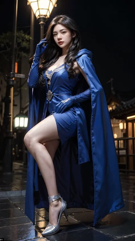 south korea assassin women mystery hooded on with modern royal blue coat with long and wide sleeves with buttons and royal blue ...