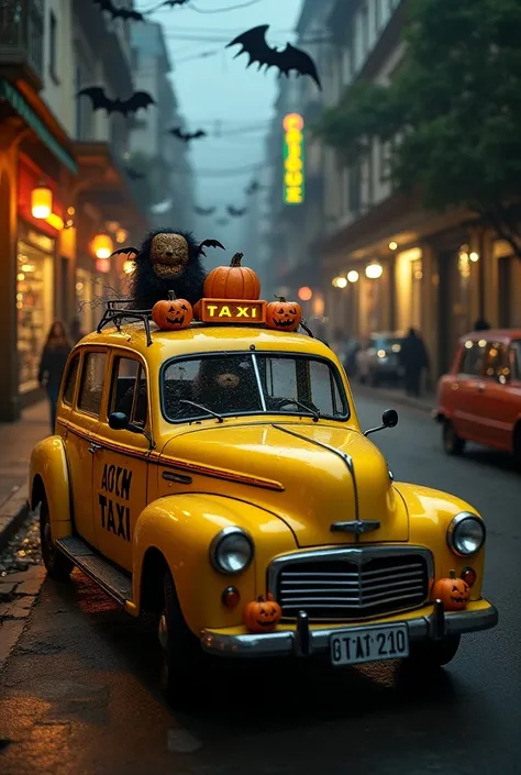  an image of a taxi on Rua de Santos São Paulo, em tema hallowen. Can the car be a taxi spelled “acat taxi" 