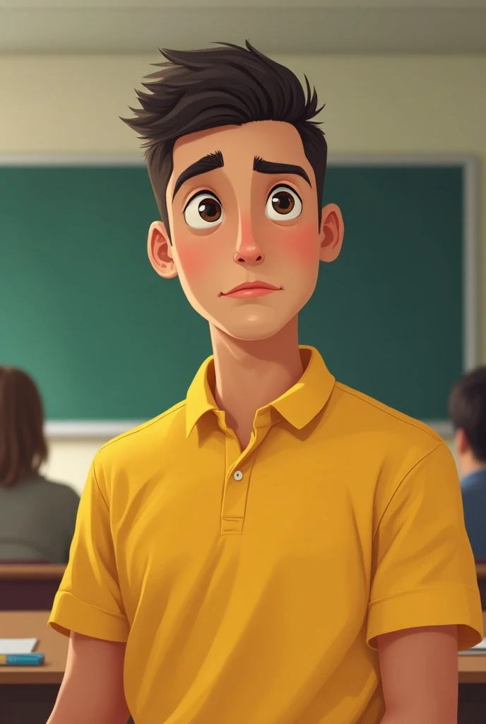 Man with oval face , distant look , broad forehead, Without Beard ,  with yellow polo ,  in front position ,  against classroom background, In avatar, with backward hairstyle 