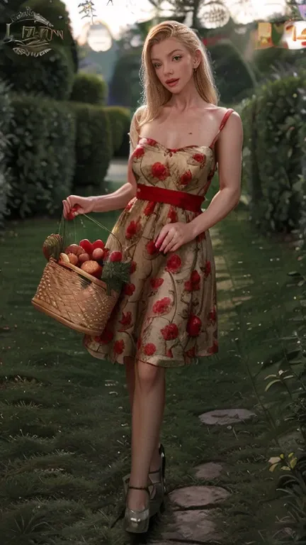 full body photo of lara long blonde hair , lips painted red wearing retro dress ,  is on the meadow holding a basket with fruit