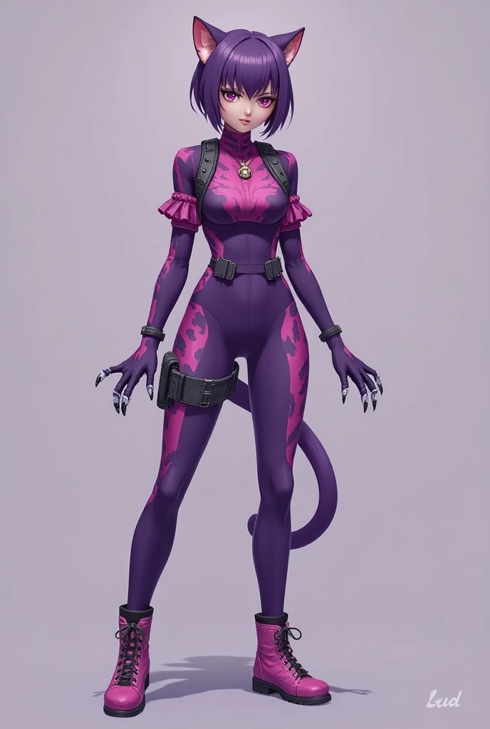 
 Miyus heroine costume is strongly inspired by Kitty Cheshires appearance ,  with an elegant and functional touch for combat .  She wears a jumpsuit adjusted in shades of purple , lilac and magenta,  with geometric details that remind stripes felines ,  b...