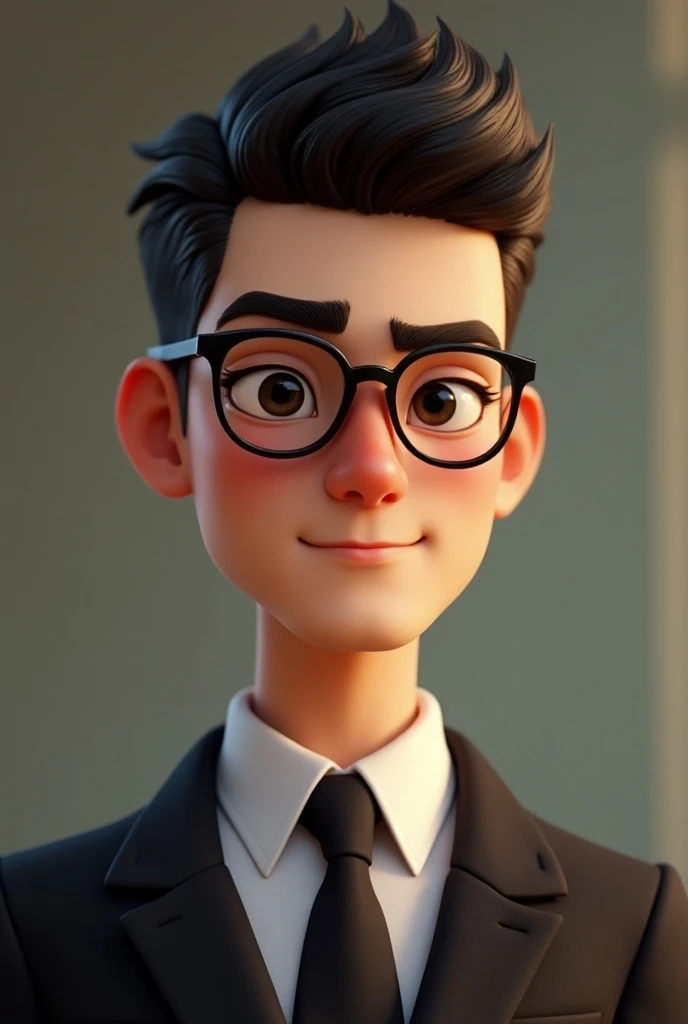 Un hombre de 21 años with glasses ojos negros cabello negro corto, With short hair style taper fade , 
 small nose without a beard dressed in formal ,  with glasses, with glasses Disney pixar 3d