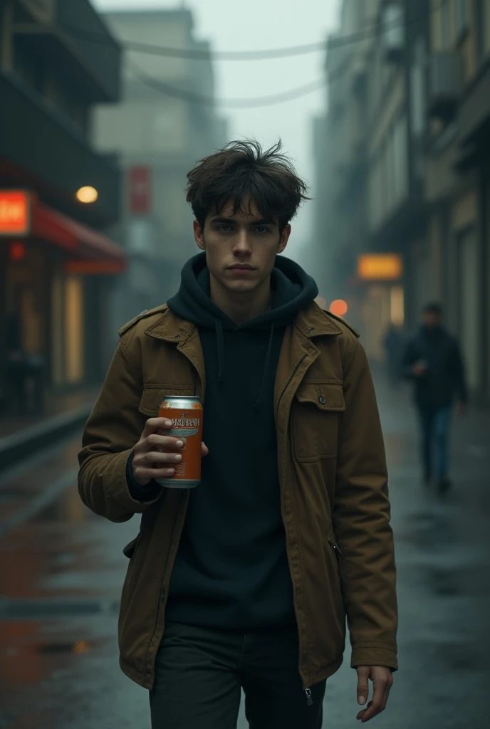 a 20 year old man, with brown hair , bushy eyebrows, light brown eyes and a sad look.  Walking alone with a beer in hand