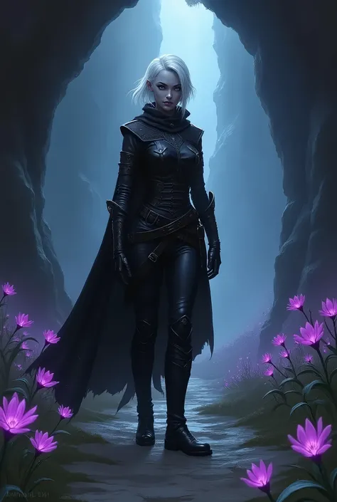 In RPG style, in style of Dungeons & Dragons, in style of fantasy painting. Full body view, looking at the viewer. image of a female drow, dark elf rogue with dagger, dark leather armor, dark pants and dark high leather boots. Grey skin, white short hair. ...