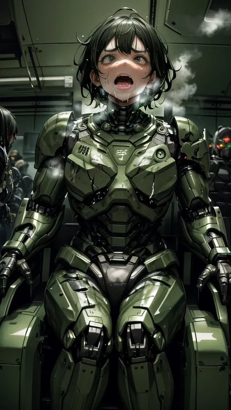 ,  very detailed , Advanced Details, High image quality, 最High image quality,  High Resolution , 1080P 、smoke from wounds 　Green Armor、 wear green and black、cute((全身のSerious damage))( injured woman in robot suit leaning against machine chair...)()(Broken A...