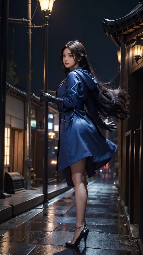 South korea assassin women mystery hooded on with modern royal Blue coat with long and wide sleeves with buttons and royal Blue cape and very high white heel over the knee and white gloves, As she reveals a small secret hidden blade coming from his palm , ...