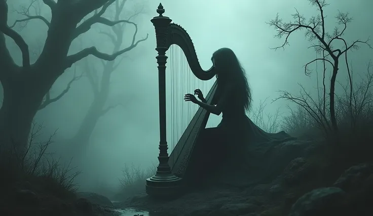 dark fog, surreal nature elements, dark fantasy, shadows woman playing harp