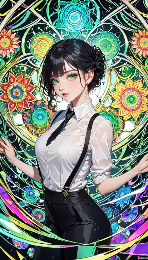 artwork that looks like colored rough sketch drawn, cute beauty, green glossy silky messy outwardly curled layers hair, amorous expression, cortesy, elegance, dignity, captivating eyes, curvaceous, wearing white shirt, black tie, black slim pants, suspende...