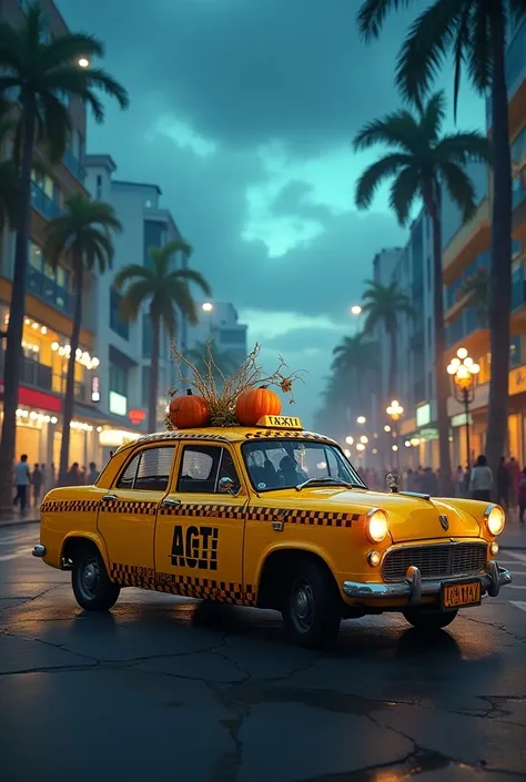  an image of a taxi on the street in the city of Santos in São Paulo, em tema hallowen. Can the car be a taxi spelled “acat taxi" , with the beach in the background 
