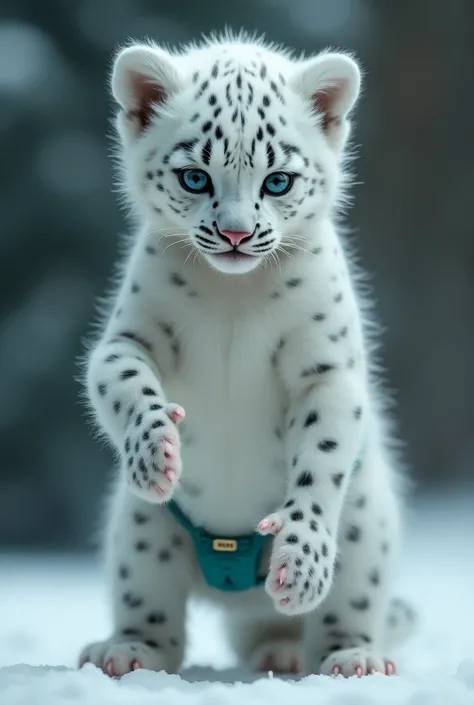 furry young male snow-leopard cub, solo character, slim, athletic, white body, teal spots, teal eyes, correct snow leopard tail, paws, bikini, (transparent sarong, bikini top, balls, penis chastity under sarong:1.2), (shy, horny), body fur, detailed face, ...