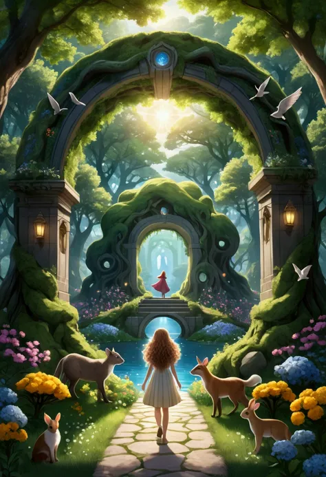  A girl with wavy hair crossing a portal to a very beautiful place full of trees,flowery and full of animals 