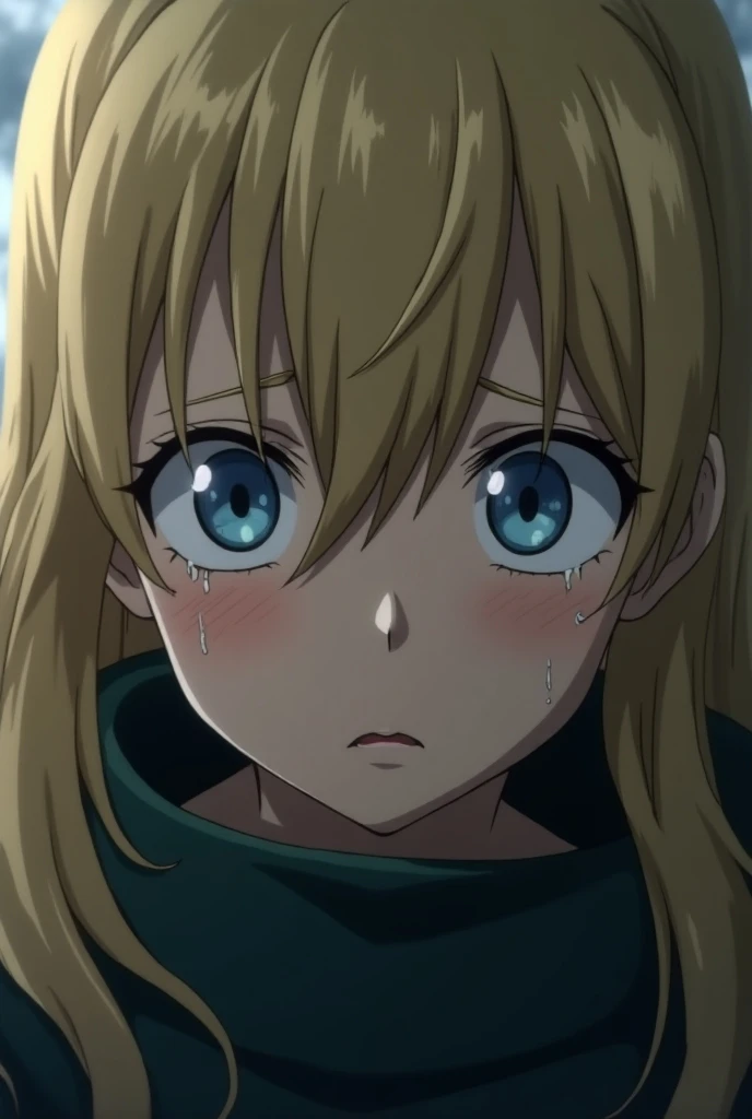 Screenshot of a character from my hero Academia pretty blond haired girl with light blue eyes and long hair and a crying face 
