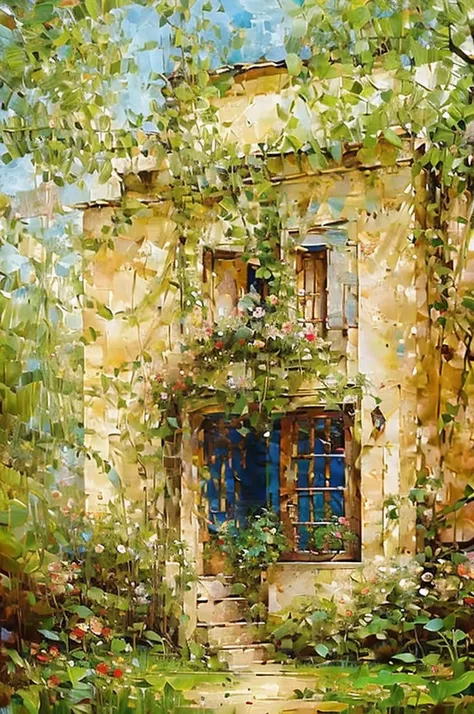 broken down brown wooden double door cantilever arched gate covered in vines with blooming roses on the gate, masterpiece, best quality, very detailed, oil painting, logo