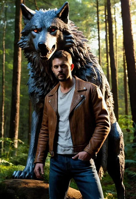 A robust man,  with short hair and a sparse beard ,  wearing a brown leather jacket and frayed jeans ,  stands next to a giant wolf with bright eyes .  They are in a dense forest at dusk ,  with sunlight passing through the trees ,  creating a contrast bet...