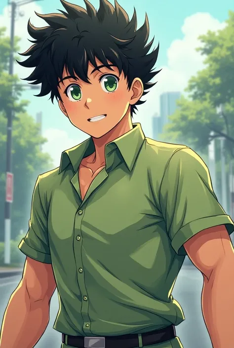 (manhwa style)man,high,Young,negro,green eyes,  curly and short black hair, defined muscles, in school uniform,  look playful and fun  