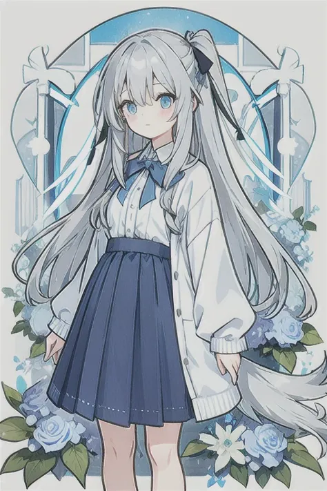 Gray hair、Very long hair · side tail on the right side · eyes of a different color 、Left eye is light blue、 right eye {x} right eye is gray · loose blouse · light blue cardigan · light blue skirt · wearing gray ribbon · girl · quiet · light blue flower fie...