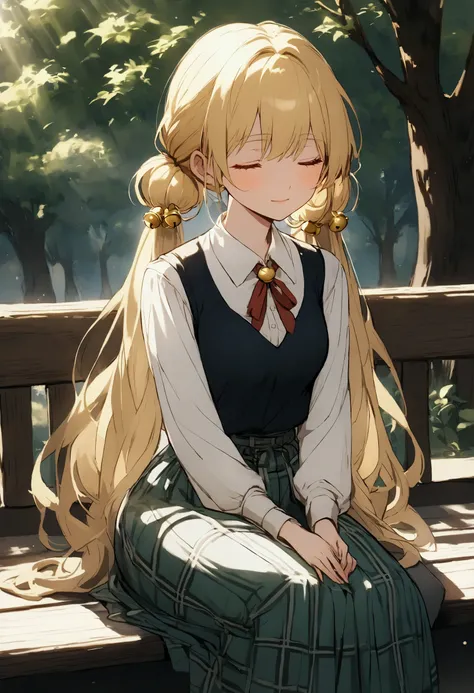 A woman is seated on an empty park bench , in an anime style.  She has long pigtails of wax-blond hair that fall up to her waist ,  adorned with small golden bells that glow softly in the sunlight. Her expression is selfless ,  with her eyes closed and her...