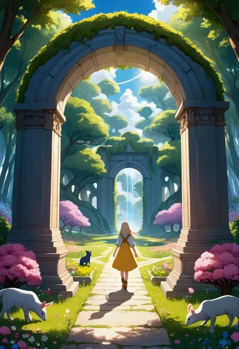 A girl with straight hair crossing a portal with a boy to a very beautiful place full of trees,flowery and full of animals 