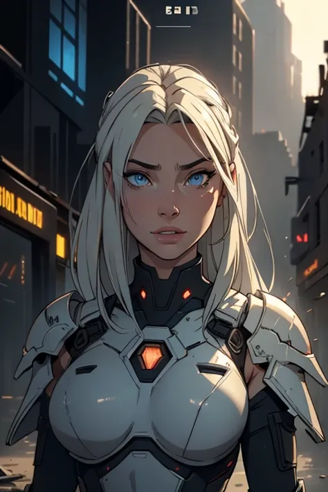 In a destroyed future city，wearing futuristic armor、Medium shot of sexy woman with scratches and stains, fantasy, Science fiction, Beautiful womanly face, charming, sexual, haze, Bright and charming eyes, dramatic, A masterpiece of the highest quality, Act...