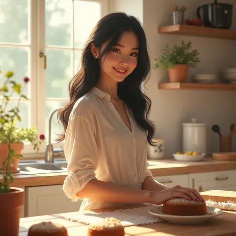  image of an elegant black-haired ,  woman making cakes in her kitchen while the sun looks out the window, looking smilingly at the camera  