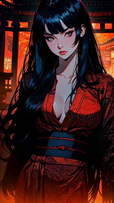 hyper-realistic of a mysterious woman with flowing black hair, piercing orange eyes, black yukata, long hair with bangs, temple background