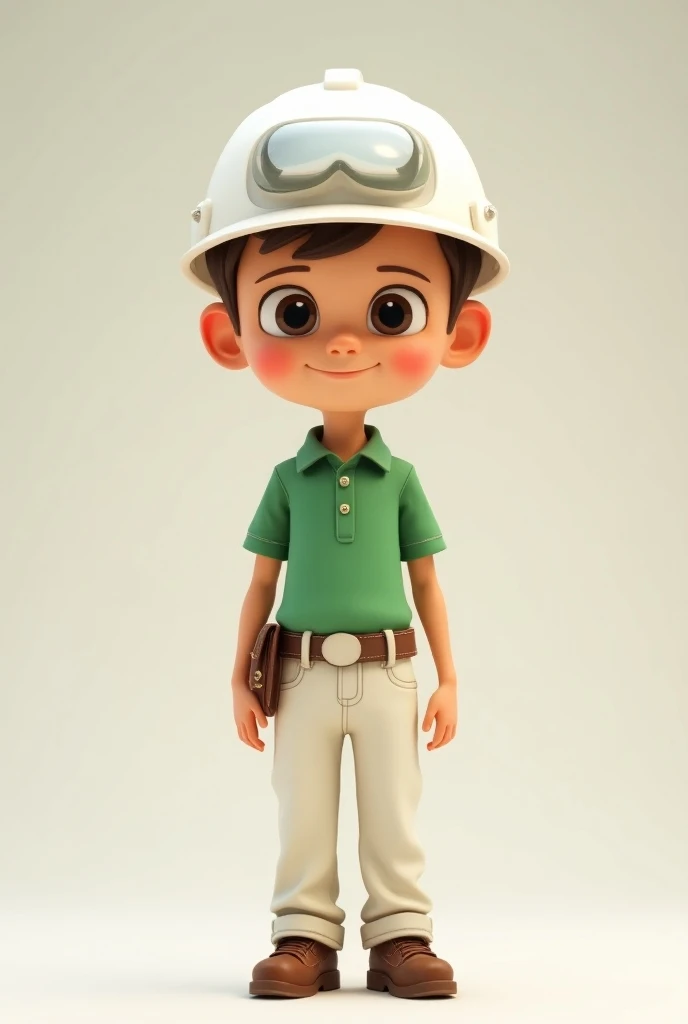 An animated character wearing a white engineer ,  helmet wears a grass green shirt polo shirt and wears white pants and brown shoes