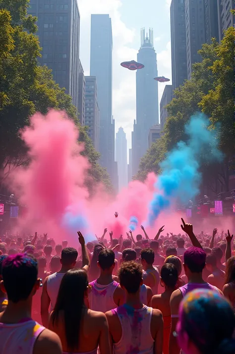 Holi in a futuristic city made between firests