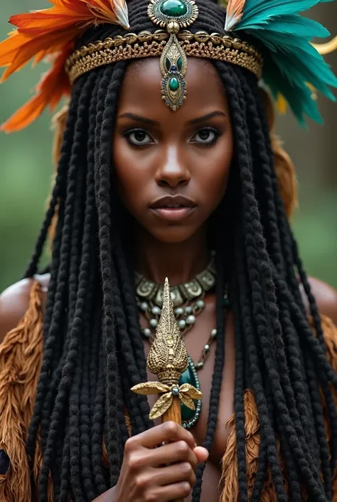 une belle femme noire avec des dreadlocks shaman tribal  vêtu de peaux et de plumes, tient un bâton rituel décoré de symboles ancestraux, close up face