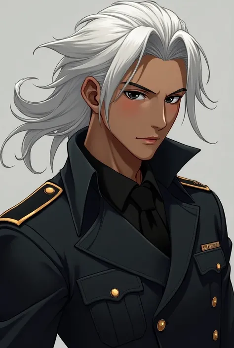  Create an image of a young man with brown skin and black eyes and white hair color and wearing Army Officer clothing in black, Arte HQ style and Korean manga . Using a very long haircut with her body shows her to be quite strong and very muscular 